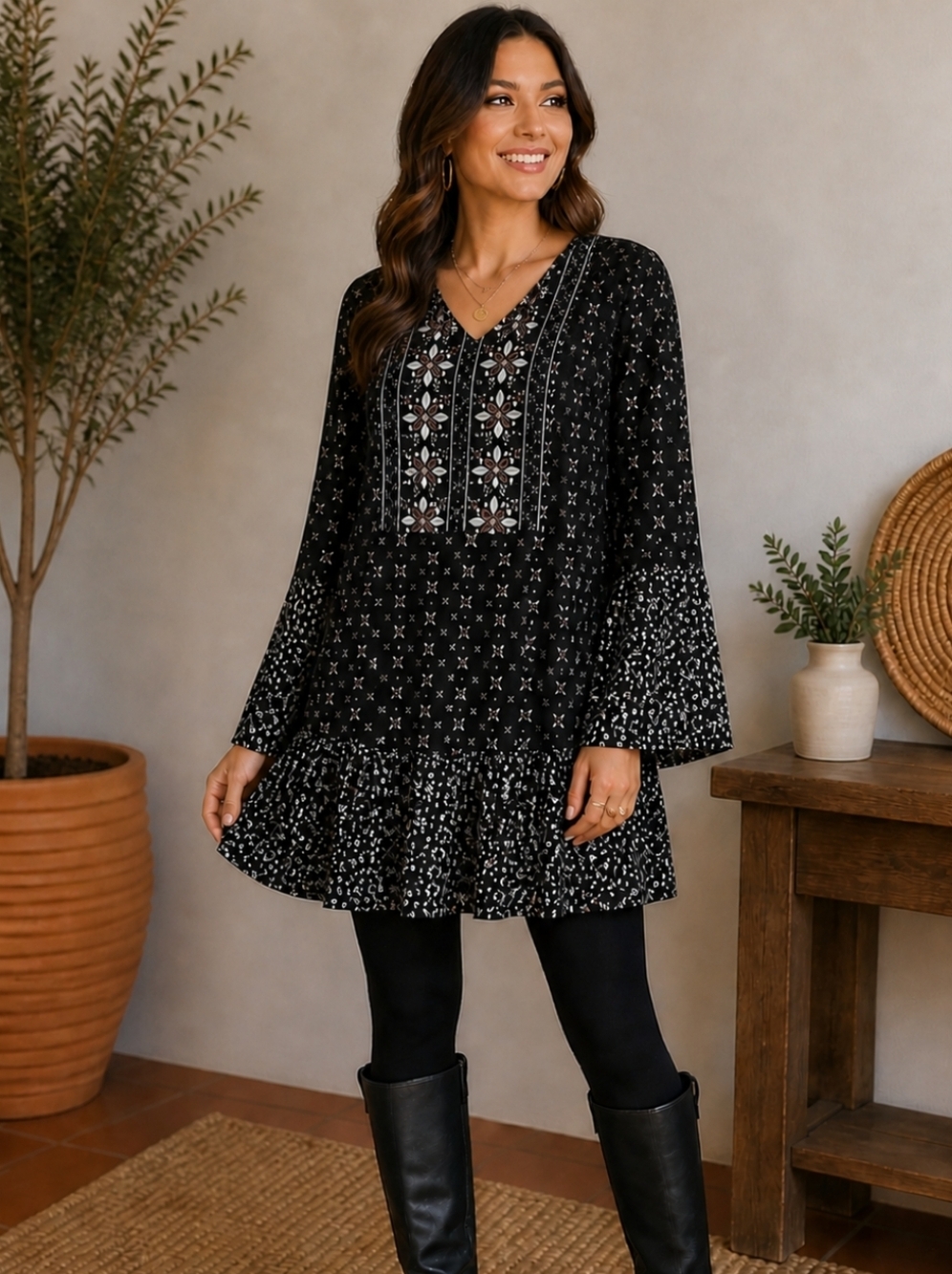 Style & Co. Boho Black Patterned Dress